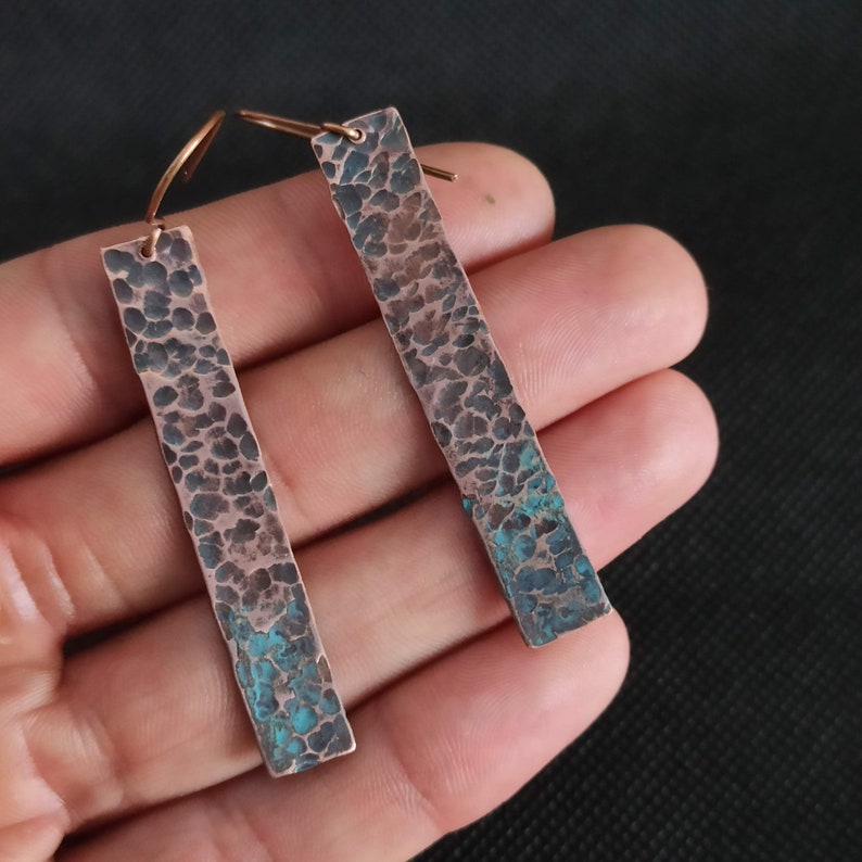 Long copper earrings, rustic hammered texture, hammered copper earrings, patina copper earrings, 7th anniversaty copper gift image 5