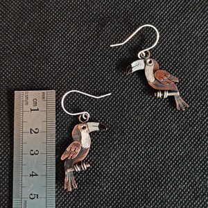 May include: A pair of toucan earrings made of metal with brown, white and black paint. The earrings are hanging from silver hooks.