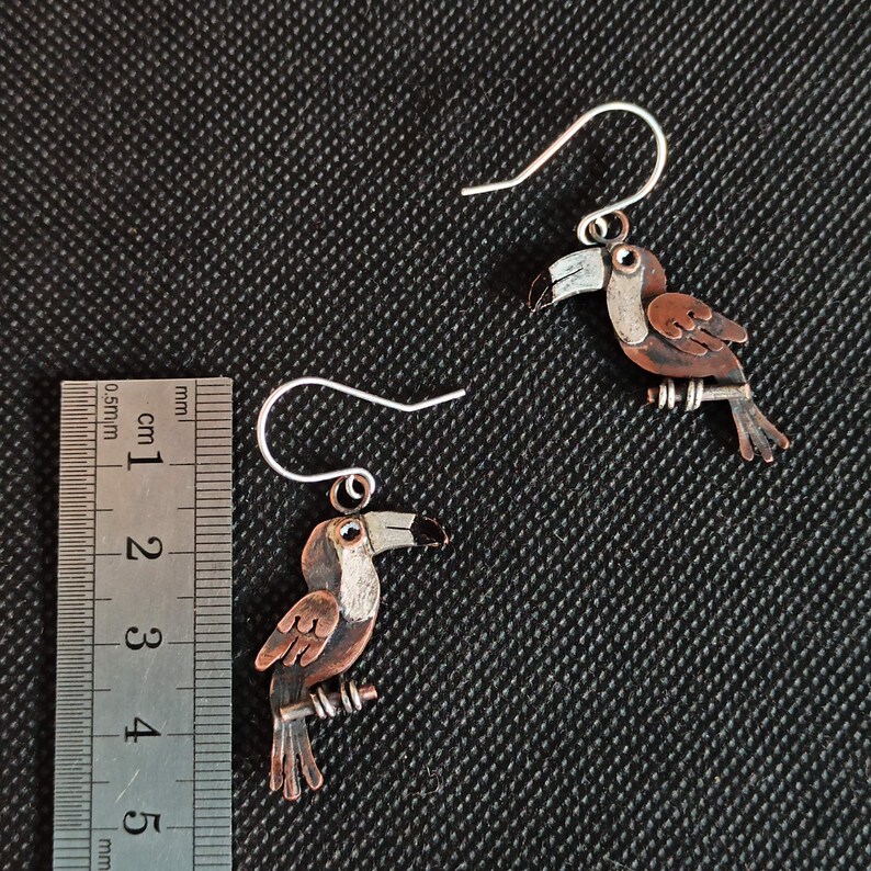 May include: A pair of toucan earrings made of metal with brown, white and black paint. The earrings are hanging from silver hooks.