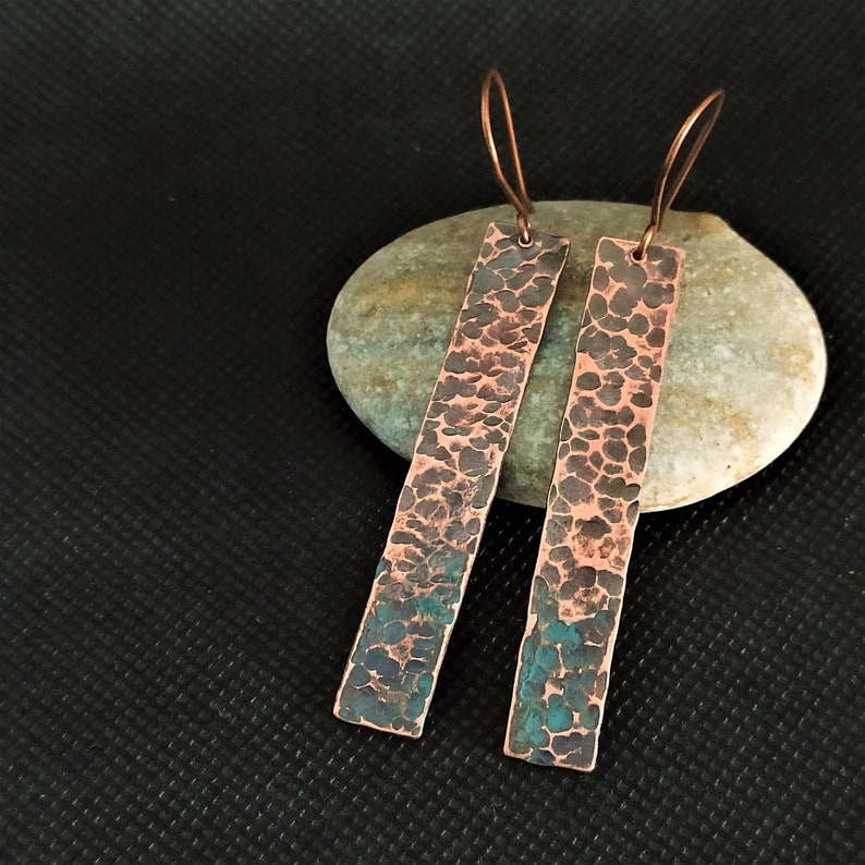 Long copper earrings, rustic hammered texture, hammered copper earrings, patina copper earrings, 7th anniversaty copper gift image 1