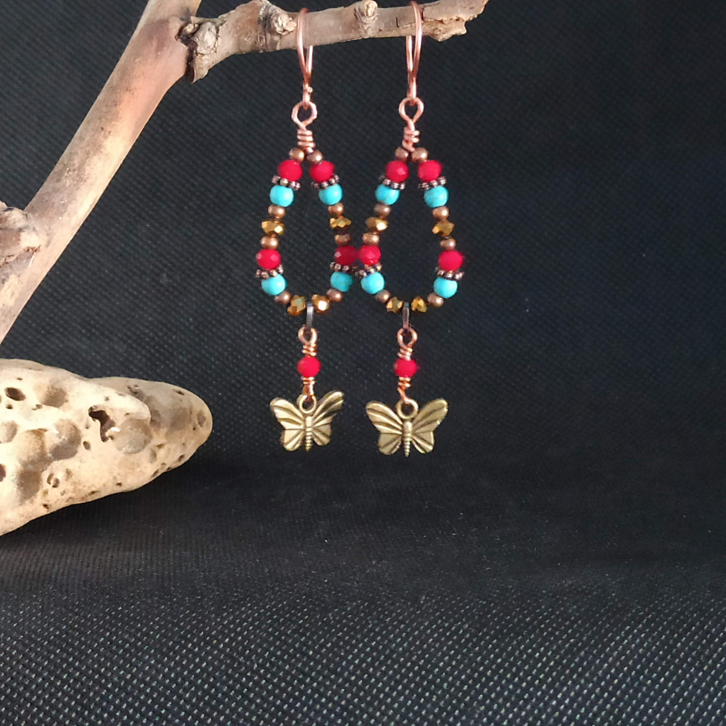 Beaded butterfly earrings seed bead dangle earrings teardrop Etsy