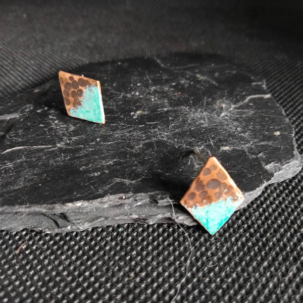 Diamond shape copper earrings, rhombus stud earrings, gift for mom, tiny stud earrings, gift for her, blue patina earrings, rustic jewelry