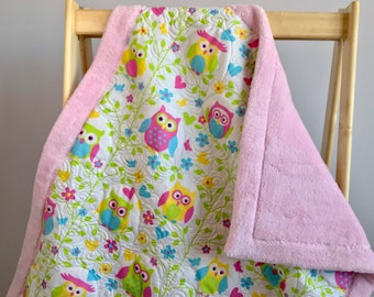 Quilted baby blanket with rose plush Pram blanket with owls and flowers Whole cloth quilt for new baby girl