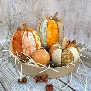 Tiered tray fall decor Set of three pumpkins Stuffed patchwork pumpkin Bowl filler pumpkins Halloween decor Pumpkin set shelf sitter