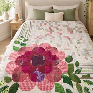 Op de afbeelding: Een quilt met een grote, centrale roze en magentakleurige bloem met afgeronde bloemblaadjes van diverse stoffen met patronen. De achtergrond bestaat uit een lichtgekleurd, geblokt patchworkontwerp met groene bladapplicaties.