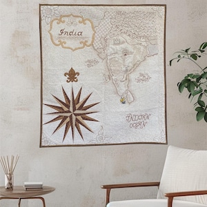 Line art wall hinging quilt Wall quilt with walnut geometric pattern Modern wall tapestry Mother Day gift