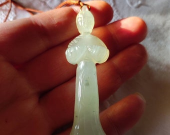 Ancient Green Jade Guanyin Pendant 1930s Carved Pale Jade