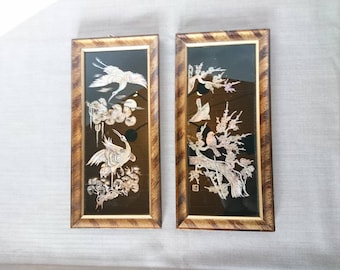 Pair Antique Asian Authentic Mother-of-Pearl Painting Pictures Mosaic 1930s Handmade in Original Photo Frame