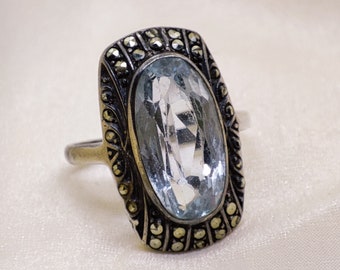 large Art Nouveau aquamarine gemstone ring 1910s silver aquamarine ring handmade Makasites
