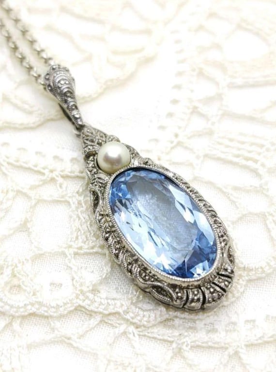 Pendentif ancien en argent 835 avec pierre taillée bleue Art Déco - France