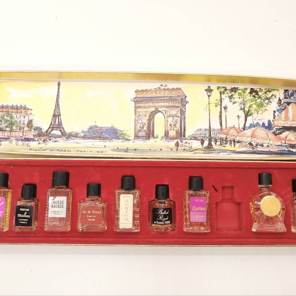 Boîte de parfum Charrier des années 1960 avec 9x Esprit de Parfum pur Parfum Miniatur Flacons splash true vintage