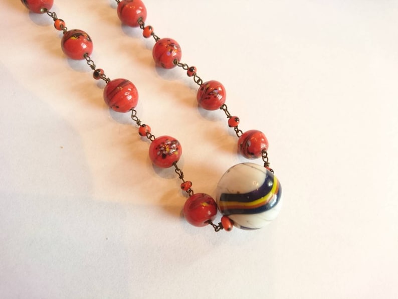 Old Lauscha Glass Lampwork Beads Necklace Marble Marble Glass Beads Necklace 1920 image 4