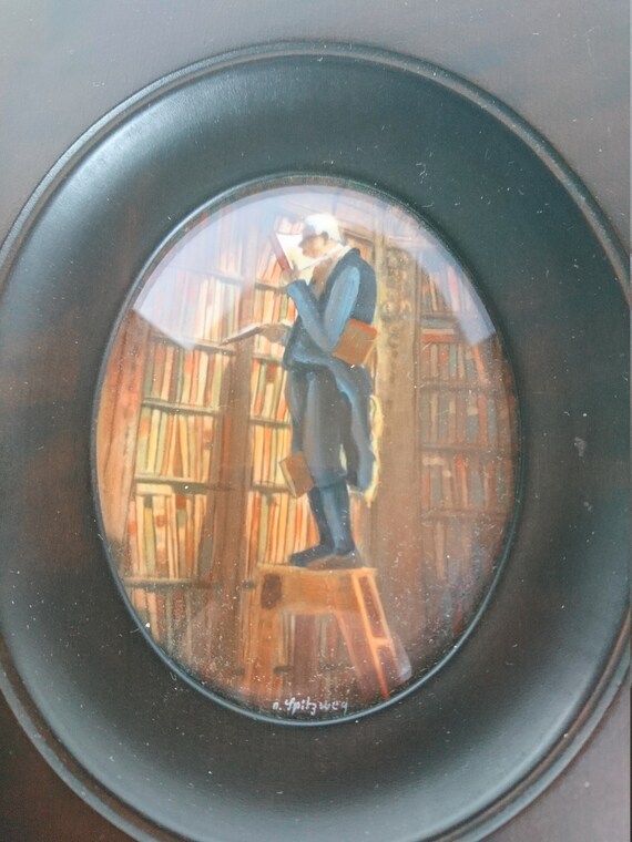 The Bookworm Vintage Miniature Painting Magnifying Glass Etsy