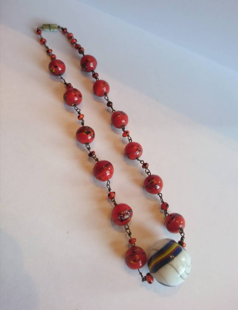 Old Lauscha Glass Lampwork Beads Necklace Marble Marble Glass Beads Necklace 1920 image 3