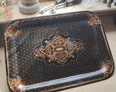 Large Old Antique Handmade Litho Black Lacquer Sheet Metal Tray Serving Tray - Old tole tole ware Hand Tool 1880s