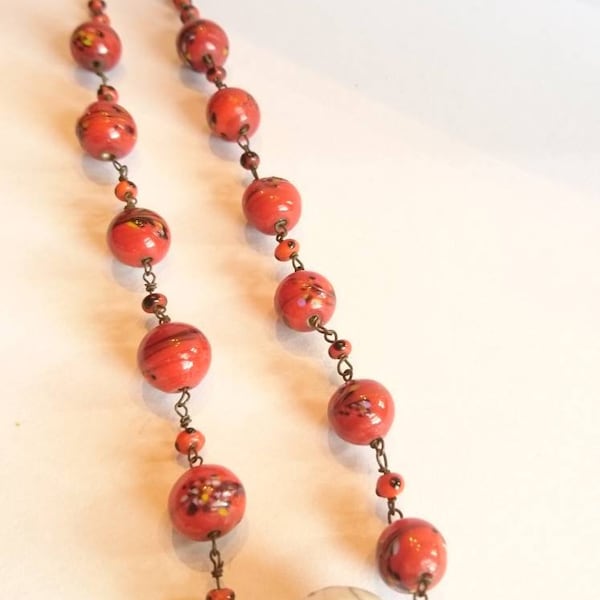 Old Lauscha Glas  Lampwork Beads Necklace Marble Murmel Glasperlen Kette 1920