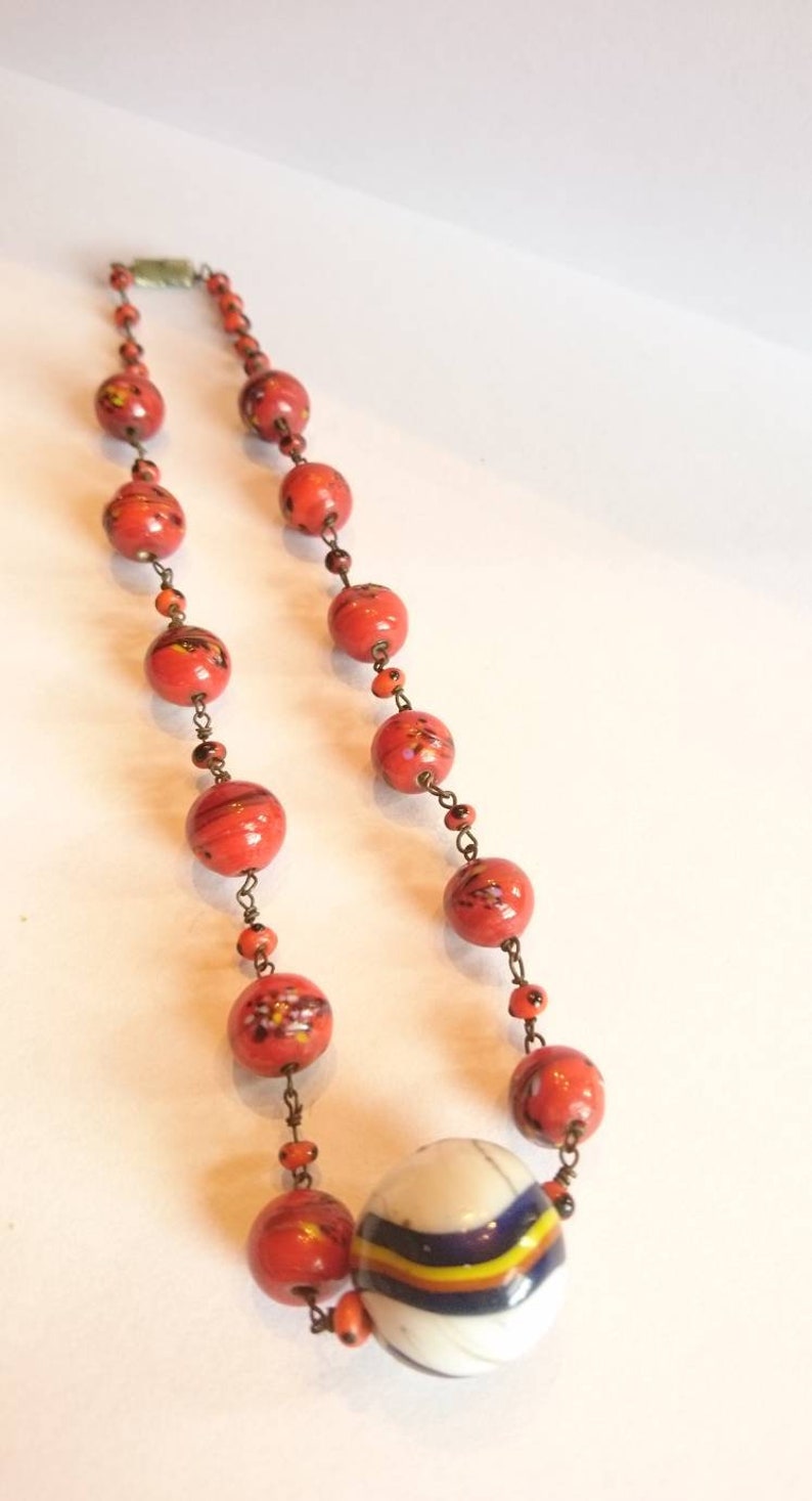 Old Lauscha Glass Lampwork Beads Necklace Marble Marble Glass Beads Necklace 1920 image 1