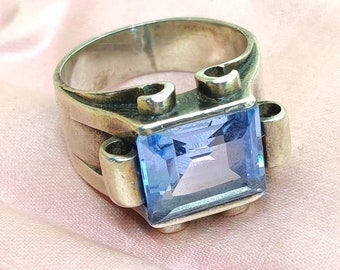 large Art Deco aquamarine gemstone ring 1930s silver aquamarine ring handmade