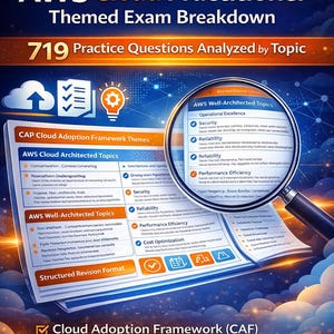 Op de afbeelding: Een afbeelding met de tekst "AWS Cloud Practitioner Themed Exam Breakdown" en "719 Practice Questions Analyzed by Topic." De afbeelding bevat een vergrootglas over een document met opsommingstekens en vinkjes, en de tekst "Cloud Adoption Framework (CAF)."