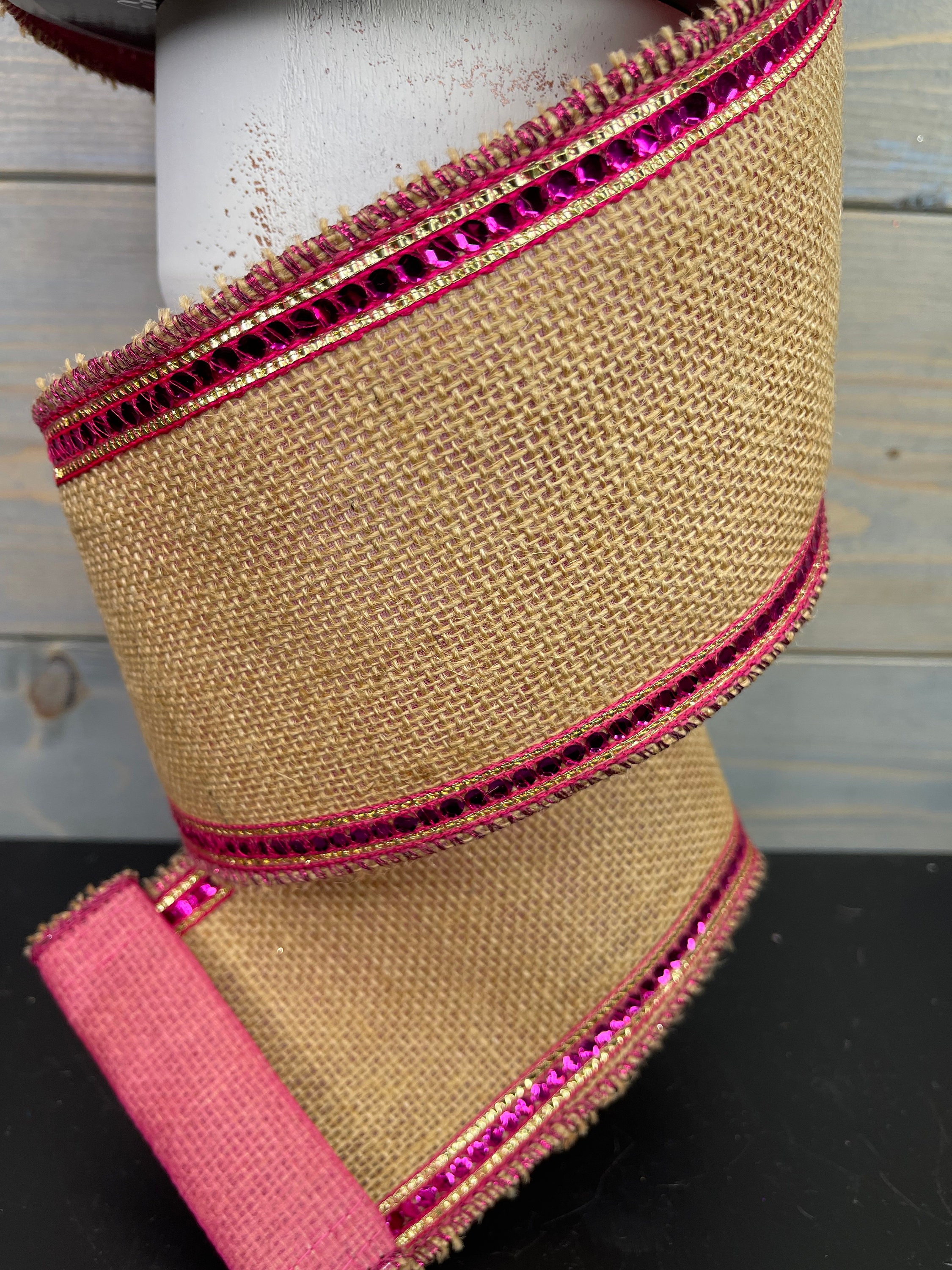Farrisilk burlap with pink sequin edge 4” wired ribbon - Greenery
