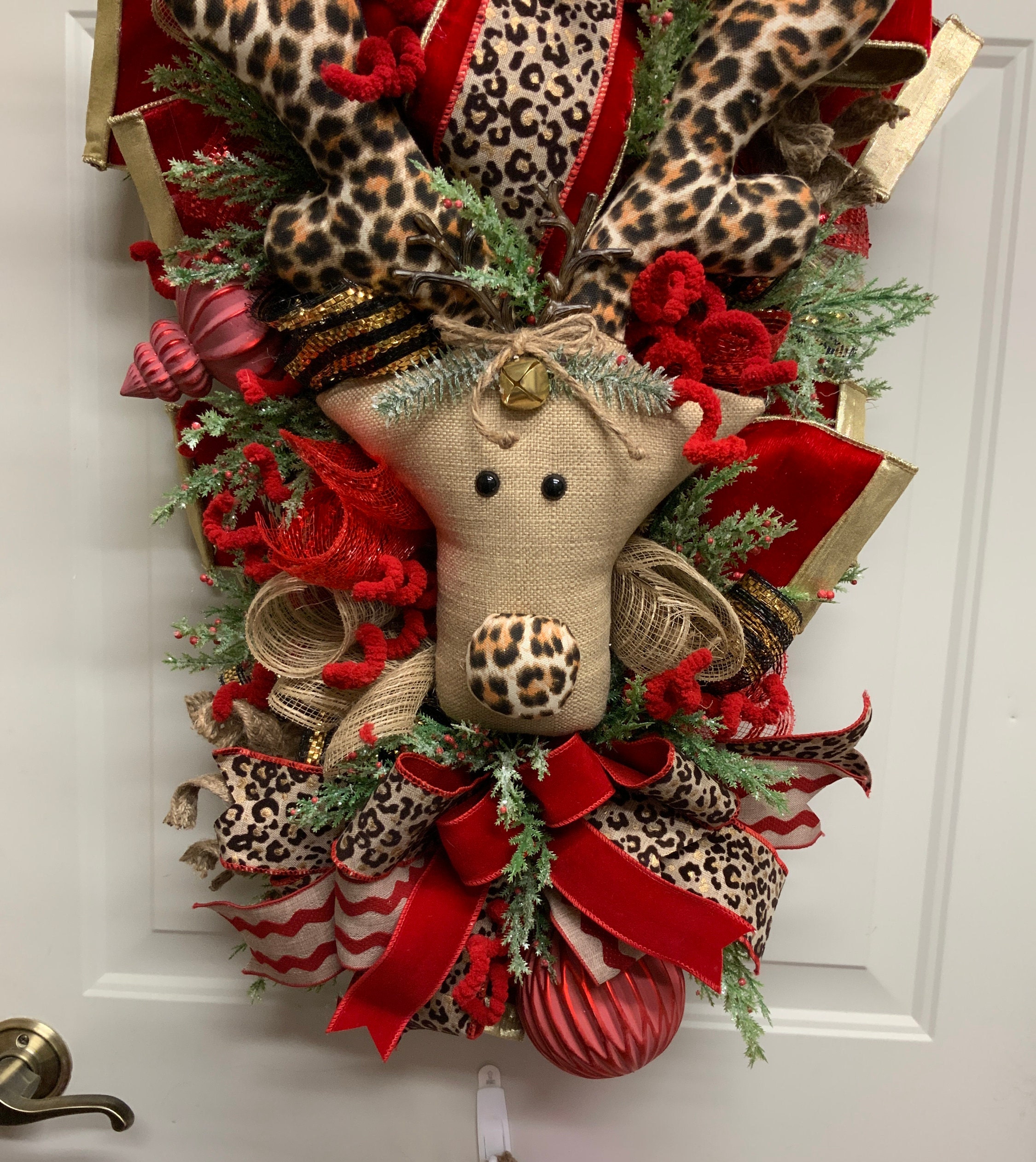 Christmas wreath swag cheetah ribbonred velvet ribbon | Etsy