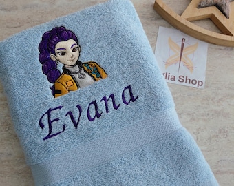 Geborduurde badhanddoek met de naam Rumi en een K-pop Demon Hunter-themaversiering.