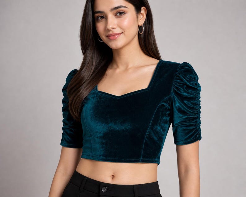 Velvet Puff Sleeve Blouse – Sweetheart Neckline, Festive Party Wear Teal Blue