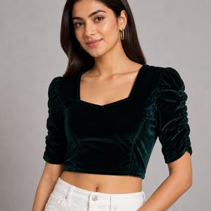 Velvet Puff Sleeve Blouse – Sweetheart Neckline, Festive Party Wear Teal Green