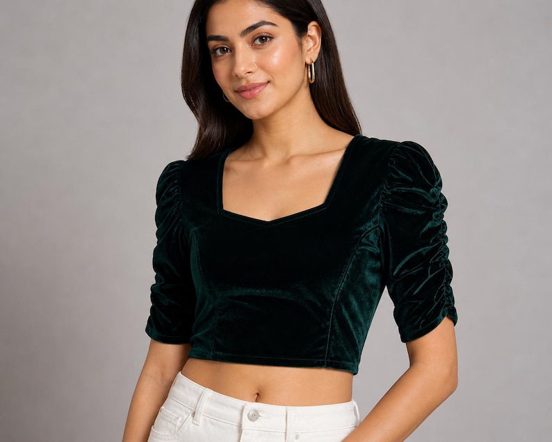 Velvet Puff Sleeve Blouse – Sweetheart Neckline, Festive Party Wear Teal Green