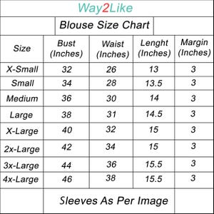 May include: A black and white Way2Like blouse size chart table displaying measurements in inches. The columns include size, bust, waist, length, and margin. Rows list sizes from X-Small to 4x-Large with corresponding numerical values and a note at the bottom.