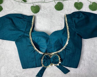 Blusa acolchada de seda Dupion, top corto con mangas abullonadas y escote corazón