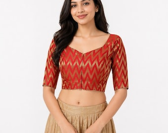 Women's Zigzag Brocade Blouse with Tie-Up Back Design Party Wear Choli Crop Top
