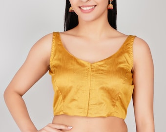 Blusa sari de seda Dupion: Choli acolchado con cuello en V y sin mangas