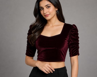 Chemisier en velours à manches bouffantes - Décolleté en coeur, tenue de fête