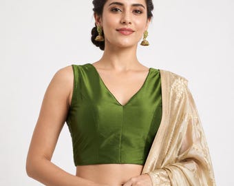 Taffeta Sleeveless Saree Blouse with V-Neck Choli Crop Top Party Wear