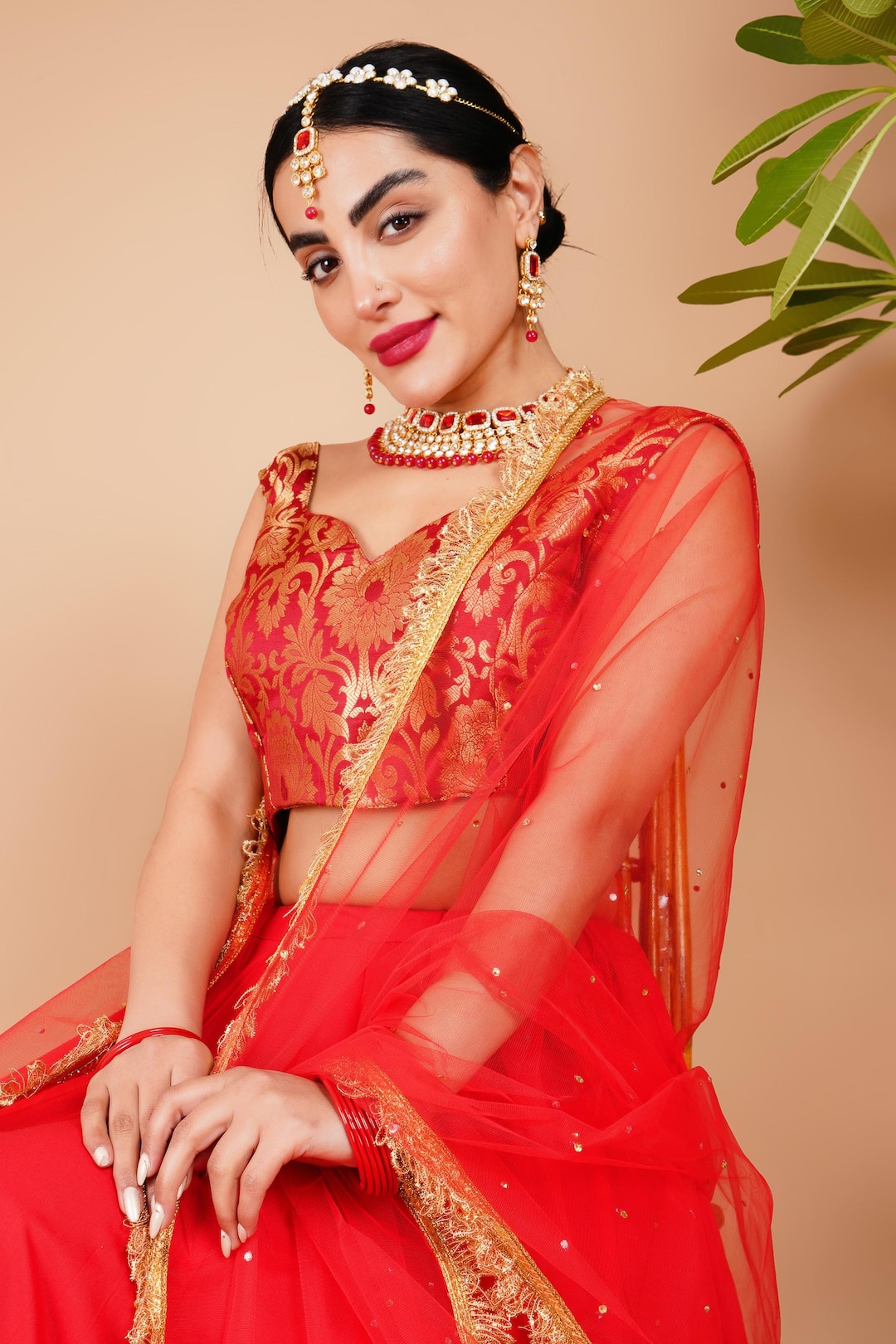 Red Net Dupatta With Gold Gota, Sequin Work, Tassel Fringe – Bridal ...