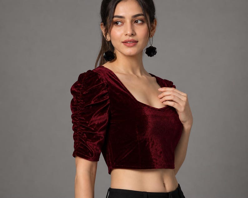 Velvet Puff Sleeve Blouse – Sweetheart Neckline, Festive Party Wear image 4