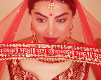 Puede incluir: Una mujer con atuendo nupcial indio tradicional. El conjunto incluye un velo rojo, joyas ornamentadas en oro y rojo, y una blusa bordada en rojo y oro. El velo cubre parcialmente la cara y se ve una diadema decorativa.