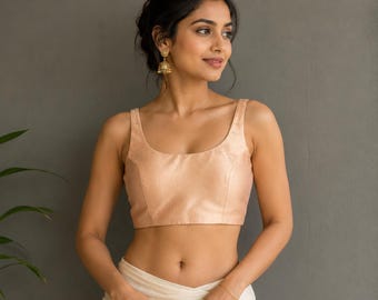 Dupion Silk Saree Blouse, Sleeveless Square Neck, Indian Ethnic Top