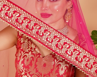 Dupatta nupcial rosa con velo Lehenga y encaje Moti para boda