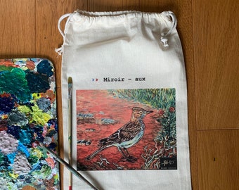 100% Oeko-tex cotton, mirrored canvas bag with larks with cords - French animal expression