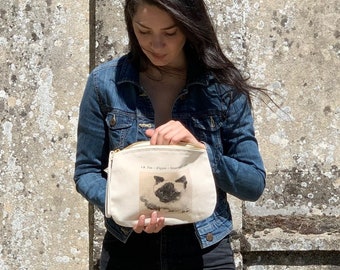 100% organic cotton pouch, canvas kit with strap - French animal expression