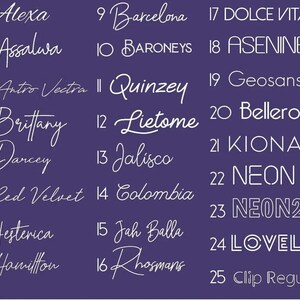 K&ouml;nnte beinhalten: Auf einem tiefvioletten Hintergrund werden wei&szlig;e Textbeispiele pr&auml;sentiert, die jeweils nummeriert sind und verschiedene Schriftarten zeigen. Der Text enth&auml;lt W&ouml;rter wie "Alexa", "Brittany" und "Neon" und bietet eine Vielzahl von Designoptionen.