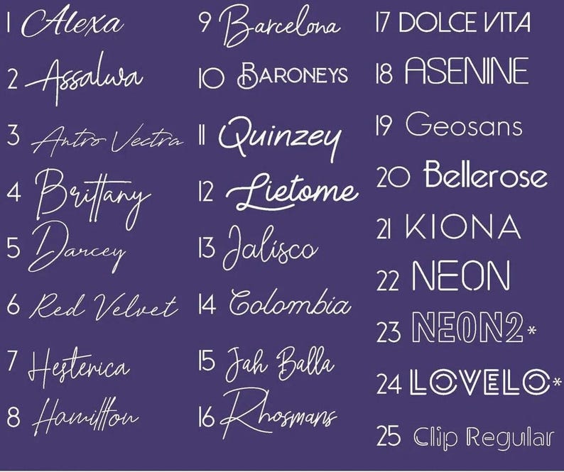 K&ouml;nnte beinhalten: Auf einem tiefvioletten Hintergrund werden wei&szlig;e Textbeispiele pr&auml;sentiert, die jeweils nummeriert sind und verschiedene Schriftarten zeigen. Der Text enth&auml;lt W&ouml;rter wie "Alexa", "Brittany" und "Neon" und bietet eine Vielzahl von Designoptionen.