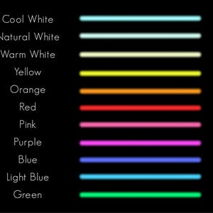 K&ouml;nnte beinhalten: Schwarzer Hintergrund mit einer Reihe horizontaler Linien in verschiedenen Farben. Die Farben umfassen k&uuml;hles Wei&szlig;, Naturwei&szlig;, warmes Wei&szlig;, Gelb, Orange, Rot, Pink, Lila, Blau, Hellblau und Gr&uuml;n. Text links identifiziert jede Farbe.