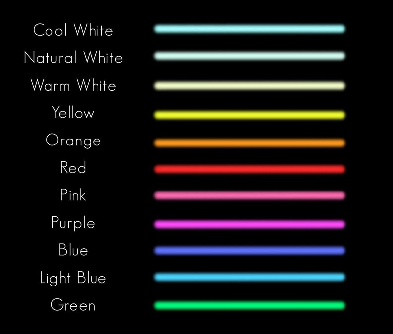 K&ouml;nnte beinhalten: Schwarzer Hintergrund mit einer Reihe horizontaler Linien in verschiedenen Farben. Die Farben umfassen k&uuml;hles Wei&szlig;, Naturwei&szlig;, warmes Wei&szlig;, Gelb, Orange, Rot, Pink, Lila, Blau, Hellblau und Gr&uuml;n. Text links identifiziert jede Farbe.