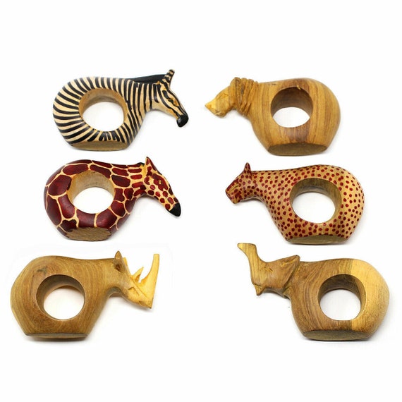 Mahogany Wood Animal Napkin Rings Set of 6 Small Wooden Etsy