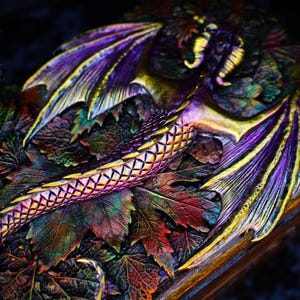 Golden dragon wooden chest Fantasy handmade mystical creatures box Brutal reptilian decoration box Gift for men husband father friend 23/08 image 16