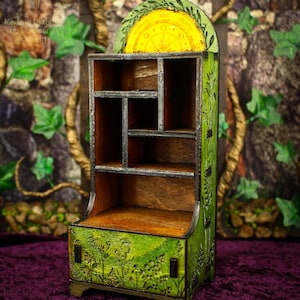 Miniature apothecary cabinet engraved wild herb Handmade laser cut witch shelf Tiny potion spell storage Dollhouse fairy botanical furniture