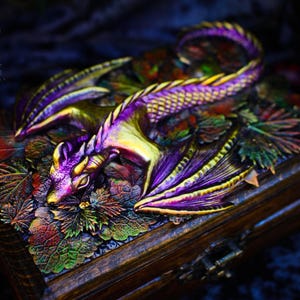 Golden dragon wooden chest Fantasy handmade mystical creatures box Brutal reptilian decoration box Gift for men husband father friend 23/08 image 14